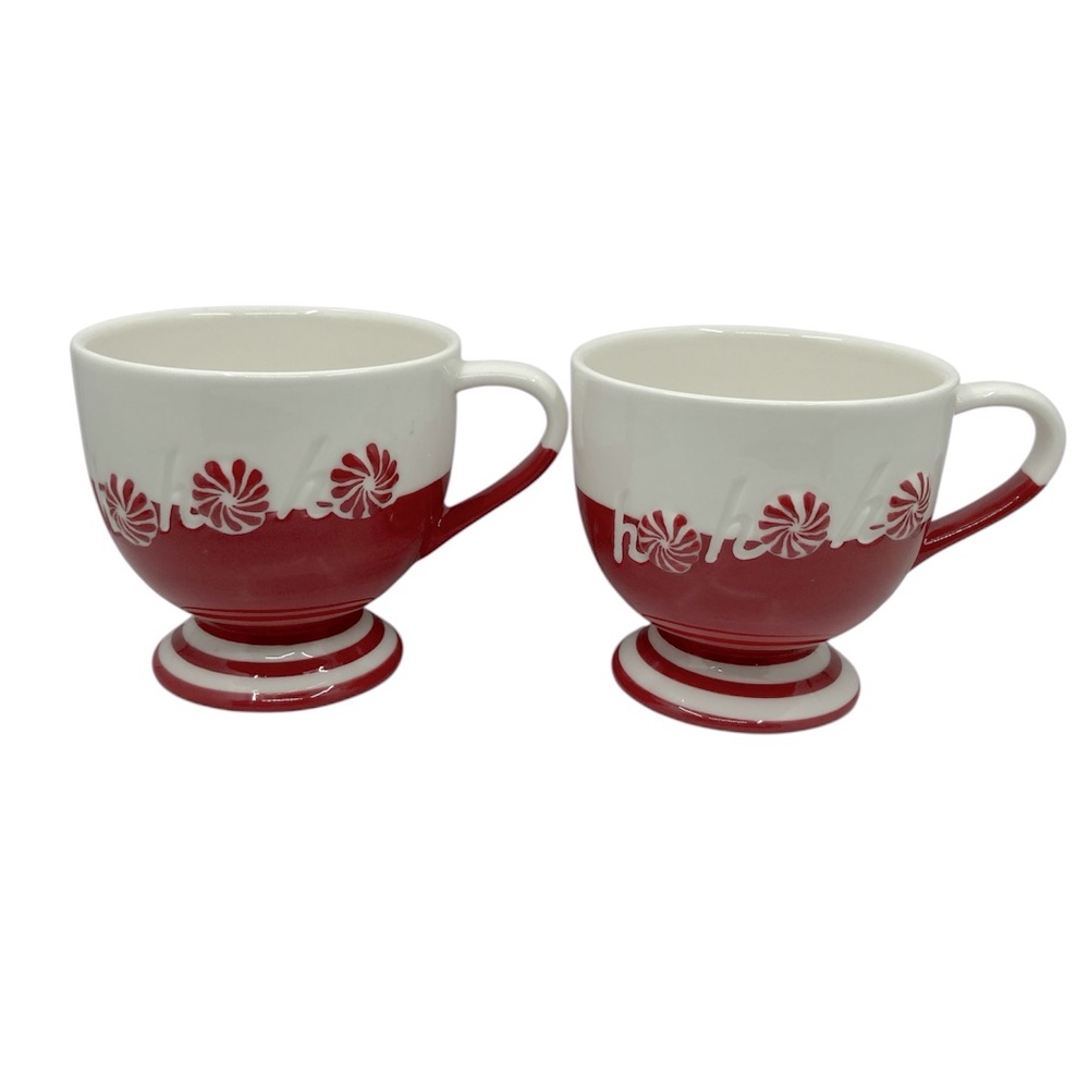 Starbucks HO HO HO Peppermint Candy Christmas Holiday Red Pedestal Mugs Set of 2